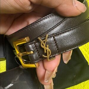 Saint Laurent Dark Leather Belt with Gold Buckle